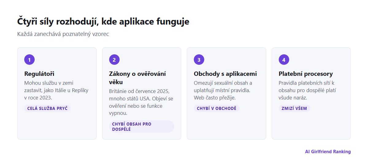 Čtyři síly, které omezují aplikace s AI společníkem podle zemí: regulátoři, zákony o ověřování věku, obchody s aplikacemi a platební procesory