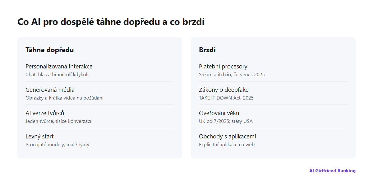 Síly, které formují AI v průmyslu pro dospělé: personalizace, generovaná média a AI klony táhnou dopředu; platební procesory, zákony o deepfake, ověřování věku a obchody s aplikacemi brzdí