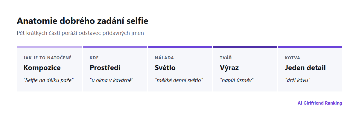 Anatomie zadání selfie od AI: kompozice, prostředí, světlo, výraz a jeden detail, ke každému příklad