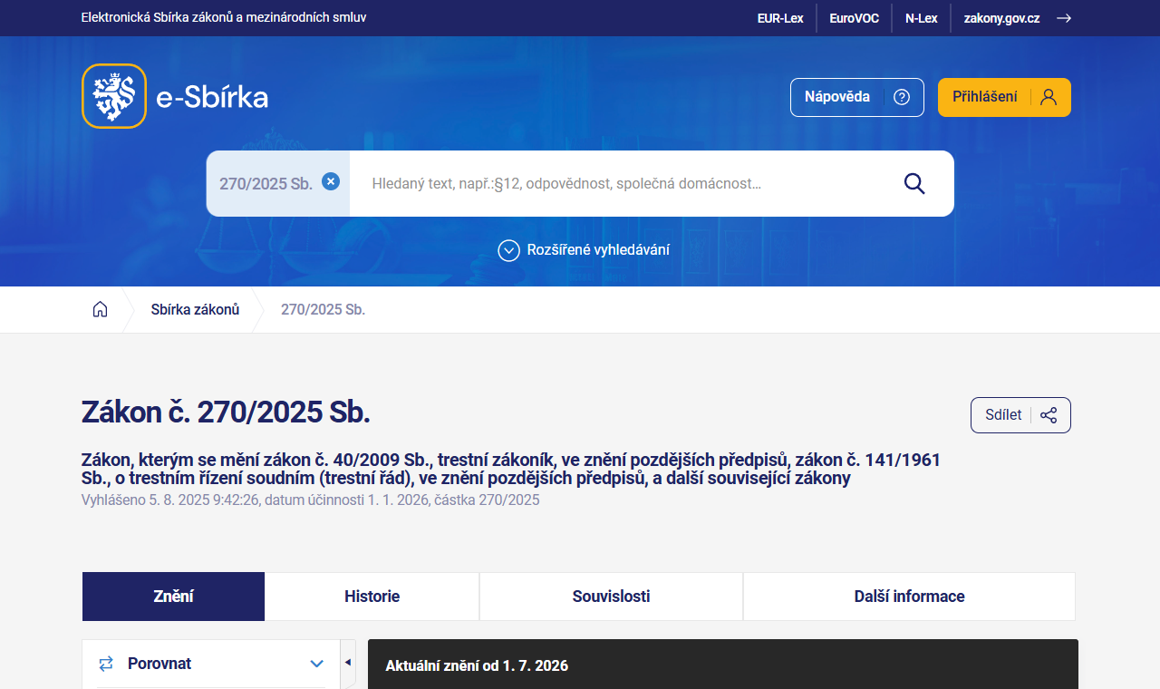 Stránka zákonů pro lidi se zněním zákona č. 270/2025 Sb., který zavádí § 191a trestního zákoníku
