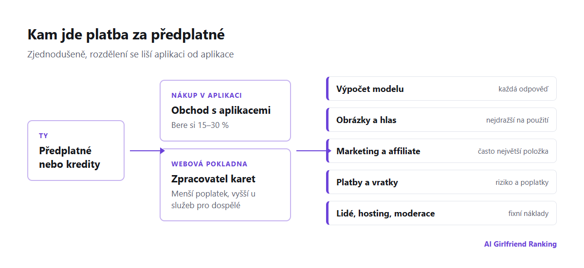 Schéma toku peněz v aplikaci s AI společníkem: uživatel platí přes obchod s aplikacemi nebo webovou pokladnu, obchod si bere provizi a firma platí výpočetní výkon modelů, generování obrázků a hlasu, zpracování plateb, affiliate provize a lidi